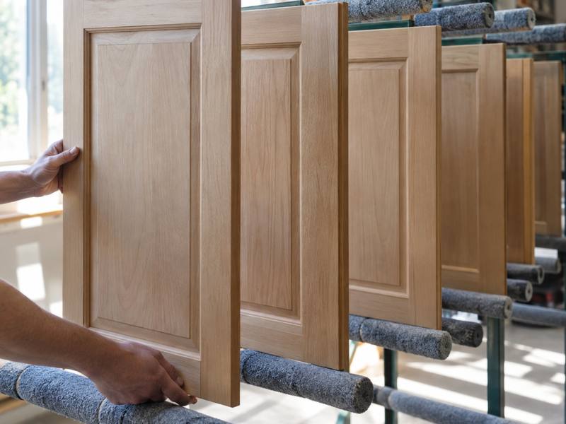 A hand lifting a bare wood cabinet door off a drying rack during preparation.