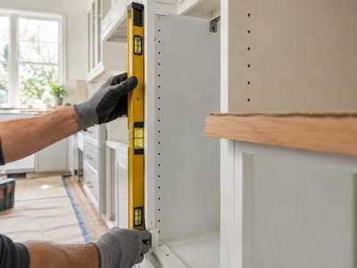 An installer holding a level against a cabinet box.