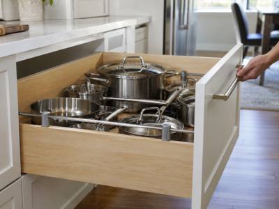A deep drawer pulled out to show pots and pans stored inside.