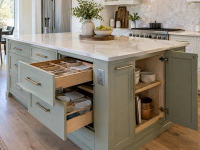 A sage green island with its drawers and shelves open.