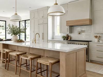 An open-plan kitchen with a long wood island, pendant lights and white cabinets, a layout common in Churchill Meadows homes.