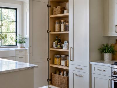 A tall pantry cabinet standing open with shelves of jars and baskets.