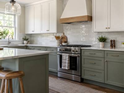 A two-tone kitchen with sage green lower cabinets under white uppers.