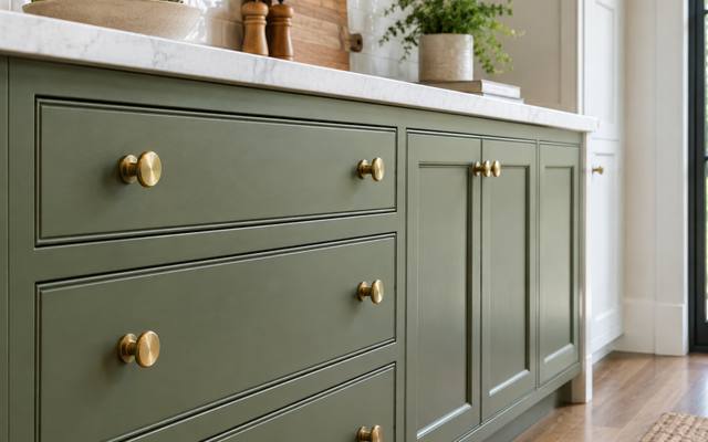 Sage green drawer fronts fitted with round brass knobs.