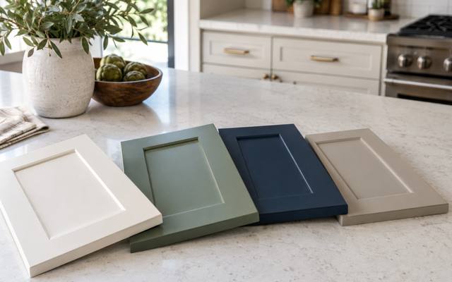 Four painted sample doors in white, sage, navy and greige laid on a counter in a Churchill Meadows kitchen.
