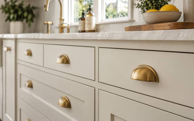 Cream painted drawers fitted with brass cup pulls.