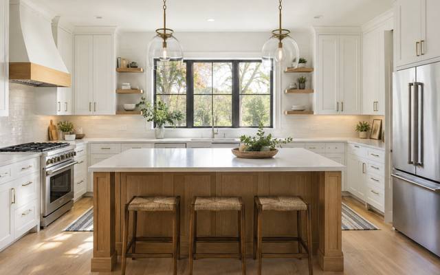 A white kitchen with a large pale wood island, pendant lights and stools.