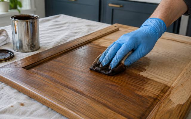 A gloved hand wiping stain onto a wood cabinet door beside a stain can.