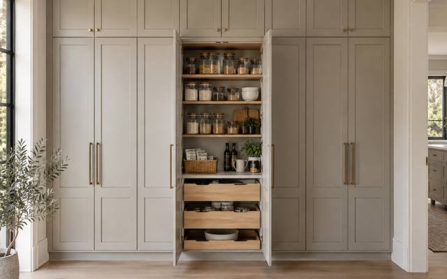 Light grey painted floor-to-ceiling pantry cabinets with one pantry door open.