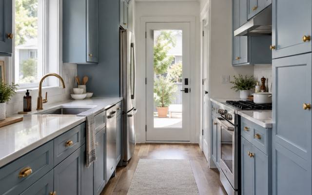 A blue-grey painted galley kitchen with cabinets running along both walls.
