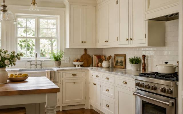 A cream painted kitchen with a butcher-block island and a range.