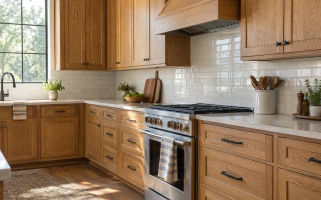 A golden oak kitchen with a range and tile backsplash before any painting.