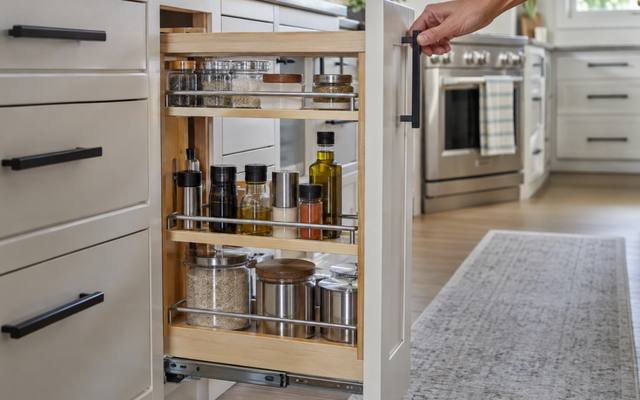 A narrow pull-out spice cabinet beside a stack of white drawers.