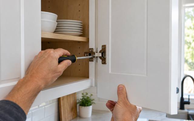 A hand adjusting the hinge on a white cabinet door.