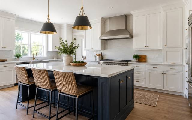 A navy blue island in front of white perimeter cabinets under pendant lights.