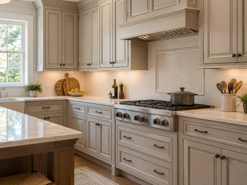 A warm greige painted kitchen with a range hood, an island and stools.